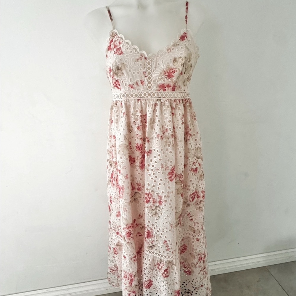Aqua empire waist Floral Eyelet Maxi Dress spaghetti strap - Pink and Cream XS